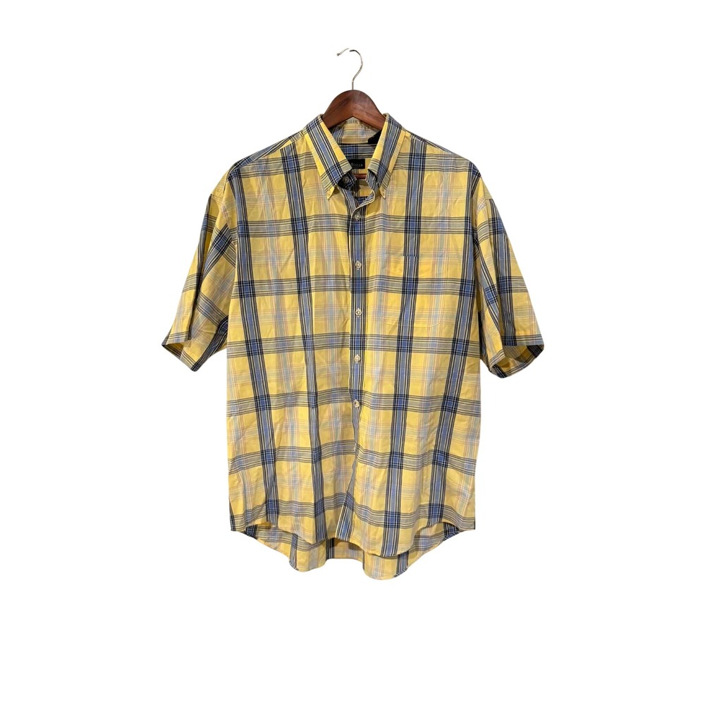 Van Heusen Button Down Mens Large Yellow Plaid Excellent Short Sleeve Shirt